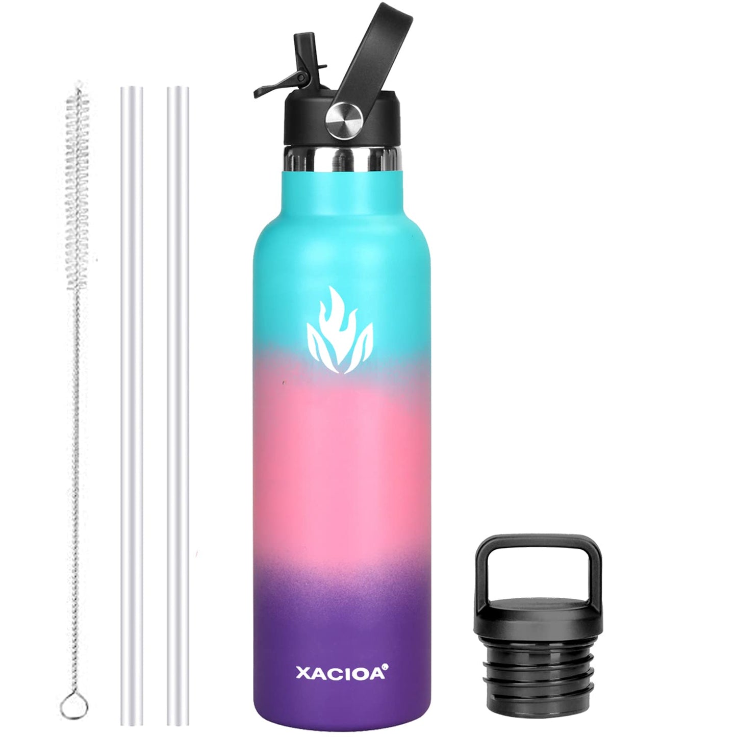 XACIOA Stainless Steel Water Bottle with Straw -for Hot/Cold Drinks 500/750/1000/ml Vacuum Insulated Leak Proof Water Bottle,BPA Free - with 2 Replacement Lid and Straw Brush 1000ML Hydrangea