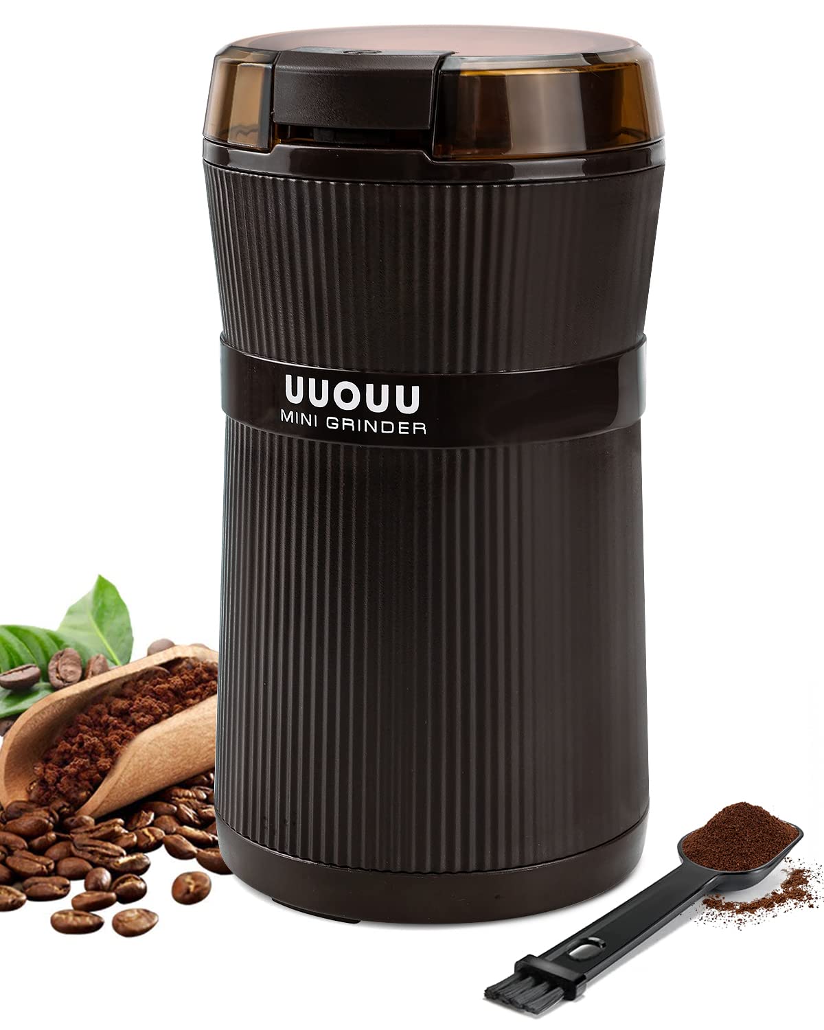 Coffee Grinder with Brush, UUOUU 200W Washable Bowl Spice Grinder with Stainless Steel Blade for Seed Bean Nut Herb Pepper & Grain, Lid Activated Safety Switch, Brown, CG-8320