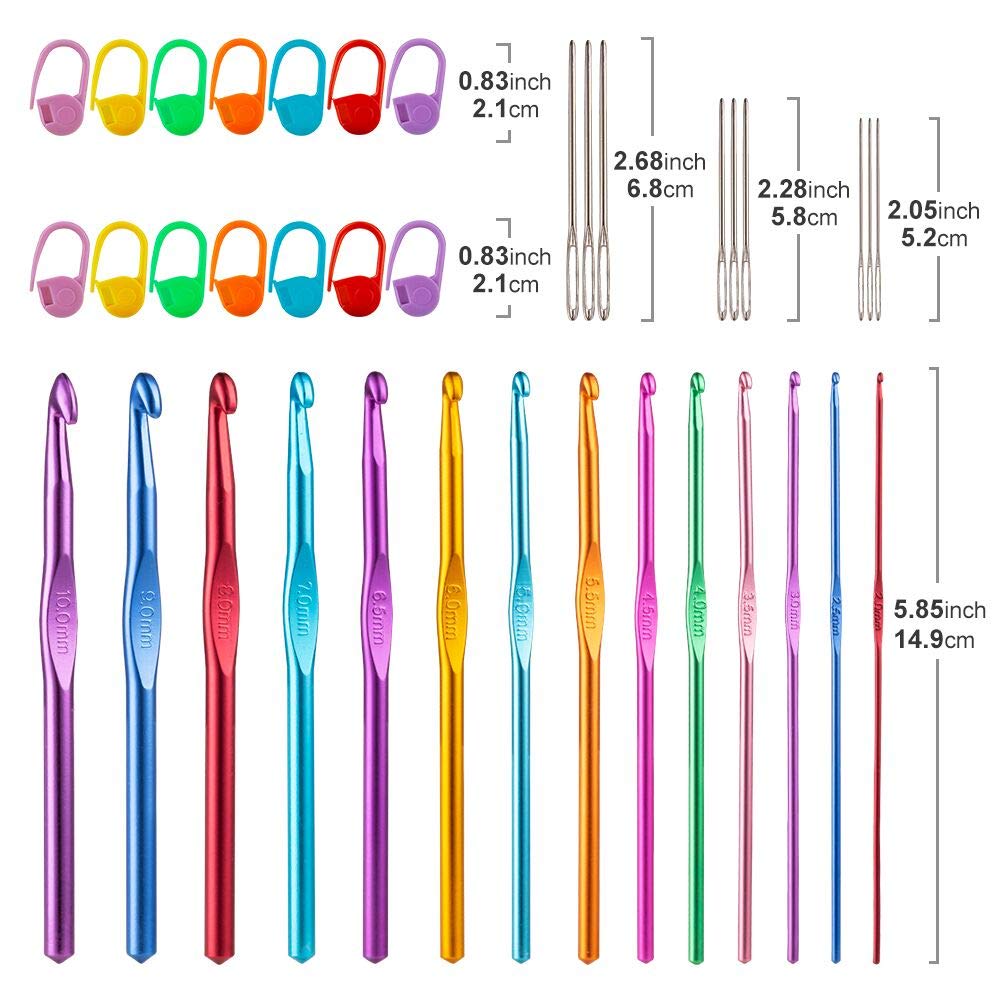 Tiiduo 37 PCS Crochet Hooks Set, High Quality Coloured Aluminum Ergonomic Handle Crochet, Hook Needles for Arthritic Hands, with Stitch Markers and Large-Eye Blunt Needles