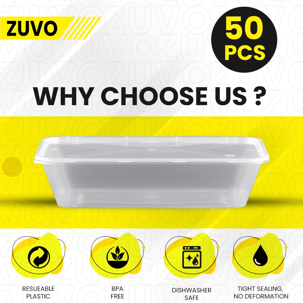 Zuvo 50 X Rectangular Microwave Plastic Food Container, Reusable Food Container Clear, 750 ml, Set of 50 single