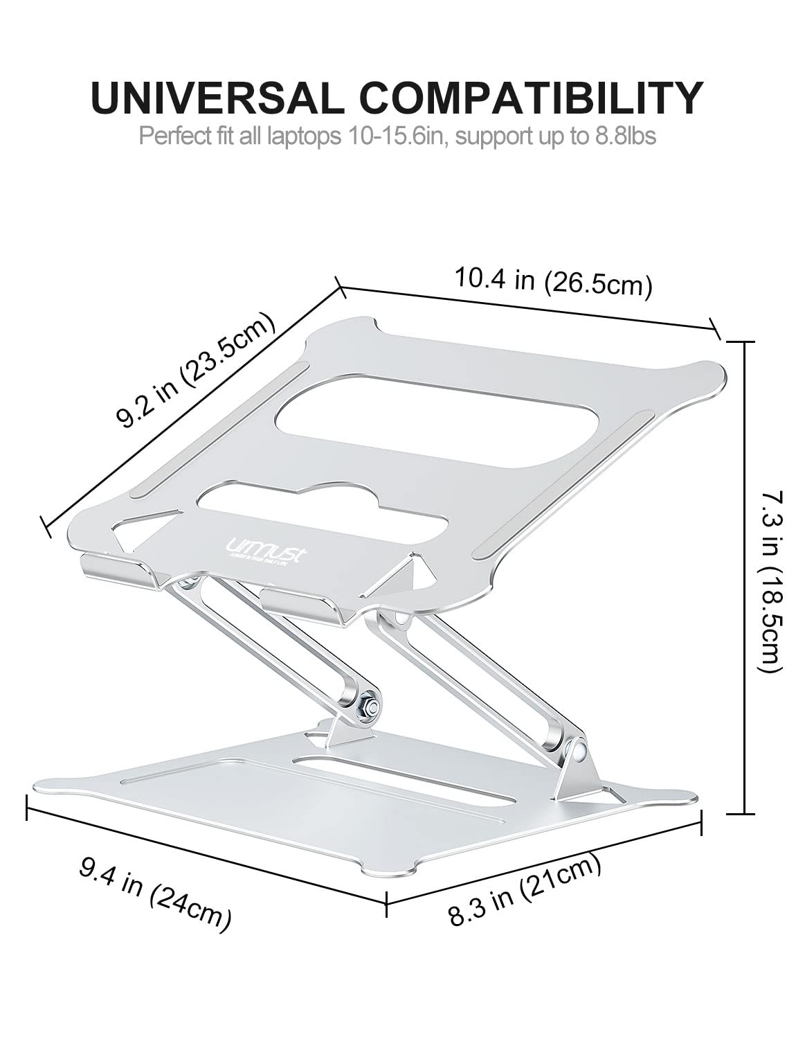 urmust Laptop Notebook Stand Holder, Ergonomic Adjustable Ultrabook Stand Riser Portable with Heat-Vent Compatible with MacBook Air Pro, Dell, HP, Lenovo Light Weight Aluminum Up to 15.6"(Silver) Silver