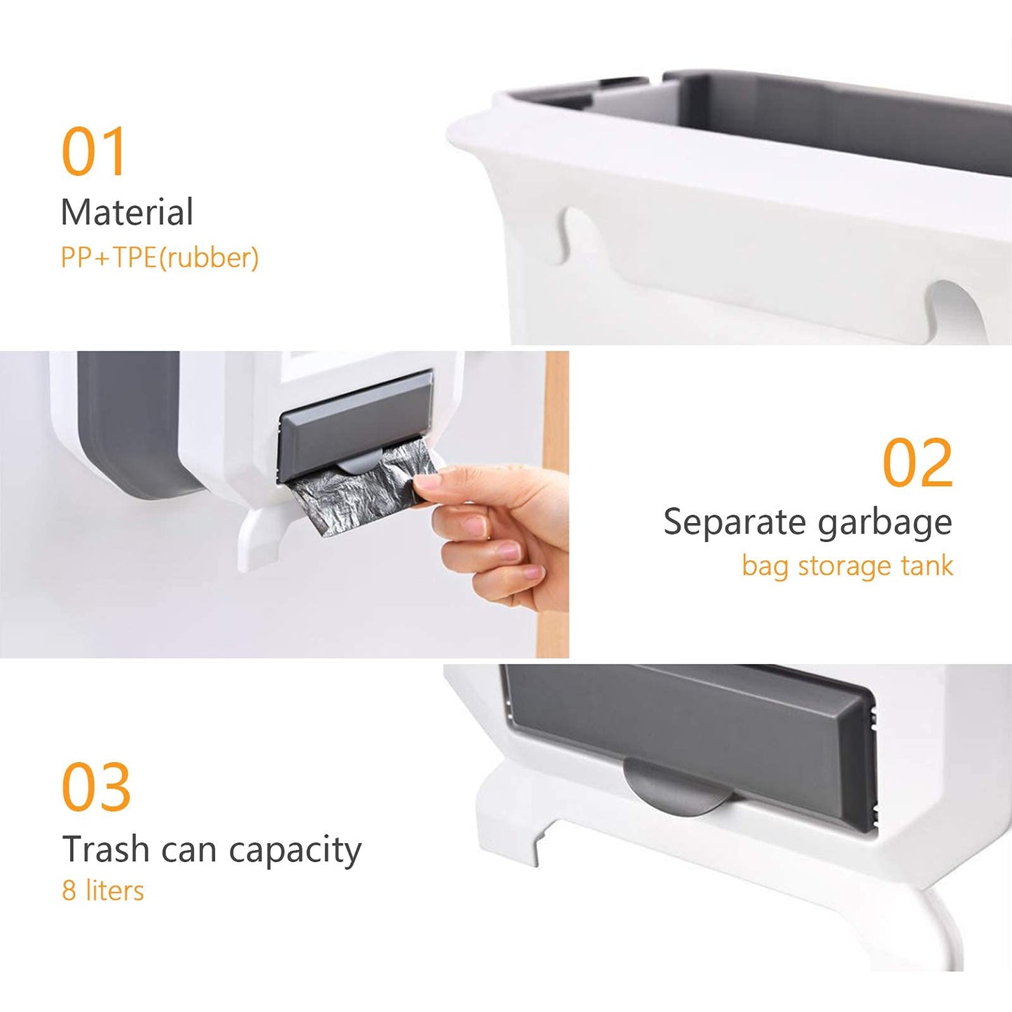 HUAPPNIO Kitchen Bin Plastic Folding Wall Mounted for Cupboard Door Hanging Trash Can 8L (White) White