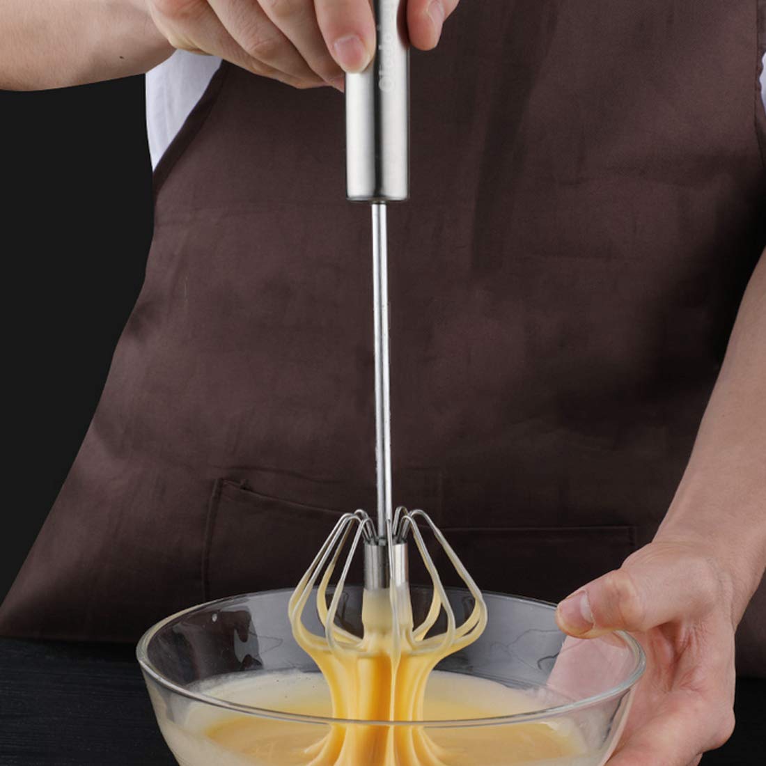 Feeziloe Egg Whisk, Hand Push Whisk Blender, Stainless Steel Egg Beater, Milk Frother, Rotating Push Mixer Stirrer for Whisking, Beating, Stirring