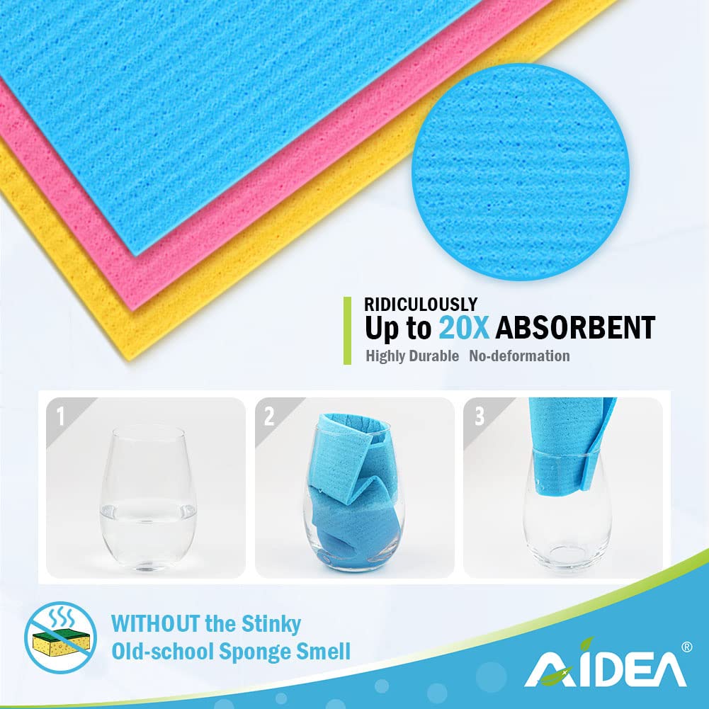 AIDEA Swedish Dish Cloths Pack of 10, Absorbent Friendly Reusable Hand Towels kitchen Rags Cleaning Cloths, Swedish Dishcloths for Kitchen, Cellulose Sponge Swedish Dish Towels and Dish Rag Blue/Pink/Yellow 10 Pack