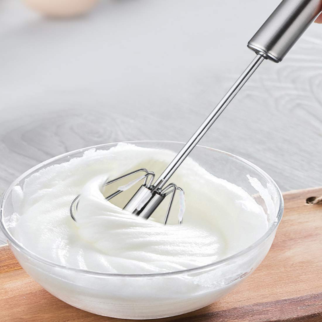 Feeziloe Egg Whisk, Hand Push Whisk Blender, Stainless Steel Egg Beater, Milk Frother, Rotating Push Mixer Stirrer for Whisking, Beating, Stirring