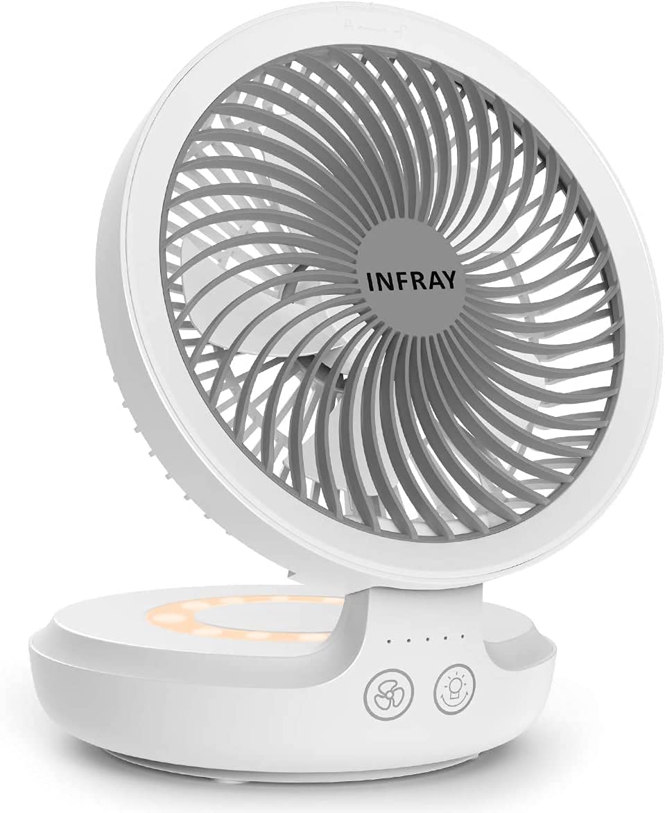 infray USB Desk Fan Rechargeable Portable Oscillating Table Fan with Night Breathing Light, Air Circulator Foldable Quiet Fan Desktop Personal Fan with 4 Speeds Setting for Home Office - White