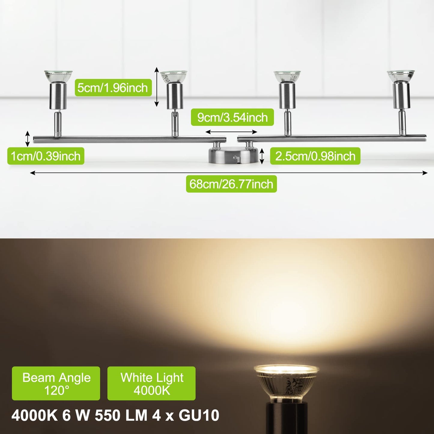 Bojim 4 Way LED Ceiling Light, Spotlight Rotatable for Kitchen Bedroom Living Room, 4 x GU10 6W 550lm 4000K Natural White, Ceiling Light Fitting, Matt Nickel Design, LED Ceiling Lamp 220V-240V IP20 4 Way Matt Nickel 4000k