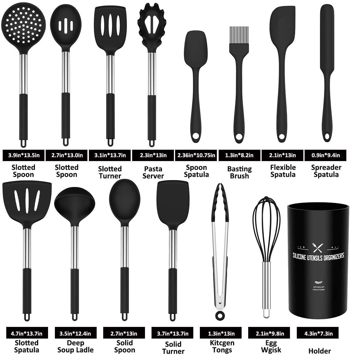 Umite Chef Kitchen Utensil Set, 15pcs Silicone Cooking Kitchen Utensils Set, Cooking Tools Turner Tongs Spatula Spoon for Nonstick Heat Resistant Cookware - (Black) Black