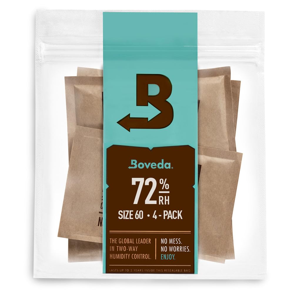 Boveda 72% Two-Way Humidity Control Packs For Wood Containers – Size 60 – 4 Pack – Moisture Absorbers – Humidifier Packs – Hydration Packets in Resealable Bag 72% RH (Cigars/Tobacco)