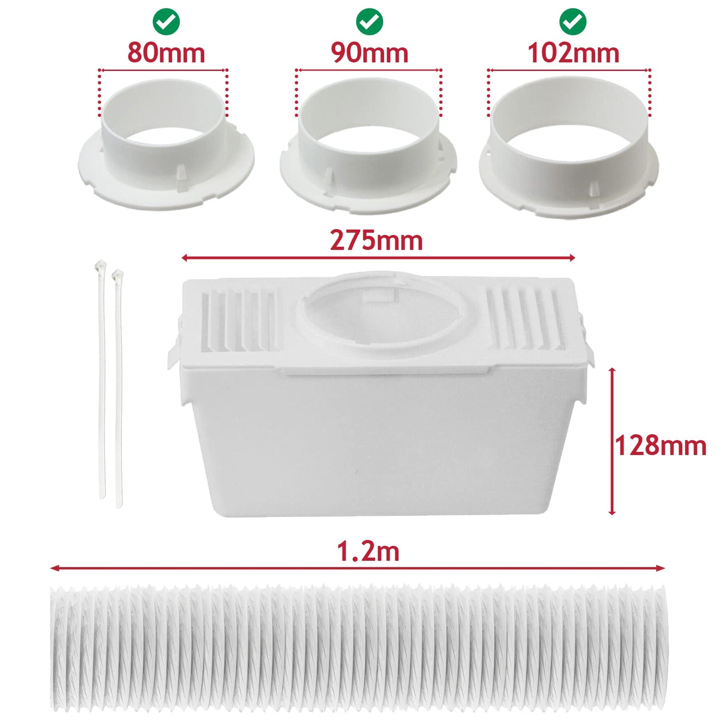 SPARES2GO Vent Hose Condenser Kit with 3 x Adapters compatible with White Knight Tumble Dryer (1.2m)