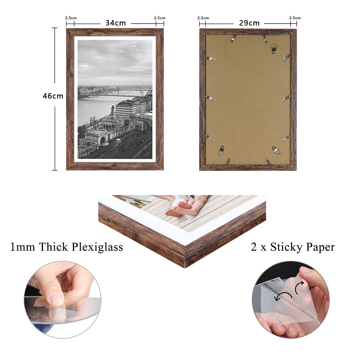 Q.Hou A3 Photo Frame Rustic Brown Wood Pattern Set of 2 with Mat, Mount for A4 Picture or Certificate, Perspex Front for Wall Decor (UK-QH-NPFA3-BR)