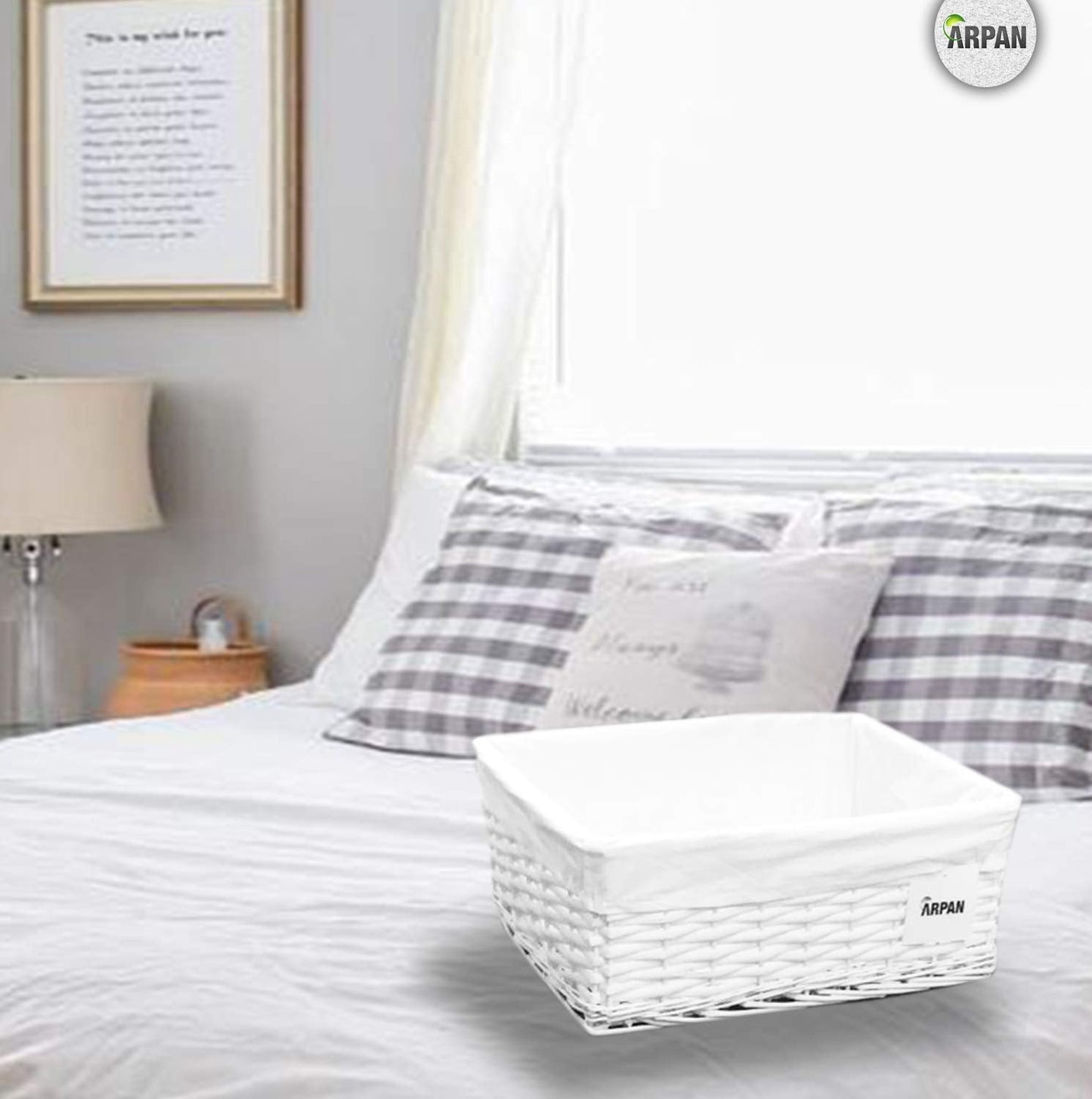 2 x 100% Eco-Friendly White Wicker Storage Basket with Cloth by Arpan (Large- W43xD32xH16cm) Large- W43xD32xH16cm