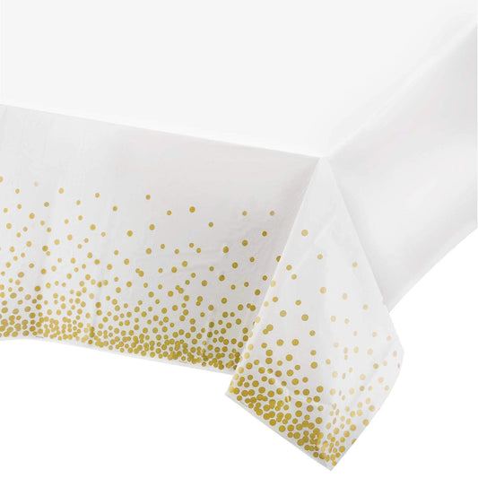 MOKANI Disposable Plastic Tablecloths, 4 Pack Party Rectangle Table Cloths, Gold Dot Confetti Rectangular Table Covers for Picnic Weddings Birthday Parties 54" x 108" 4 Packs