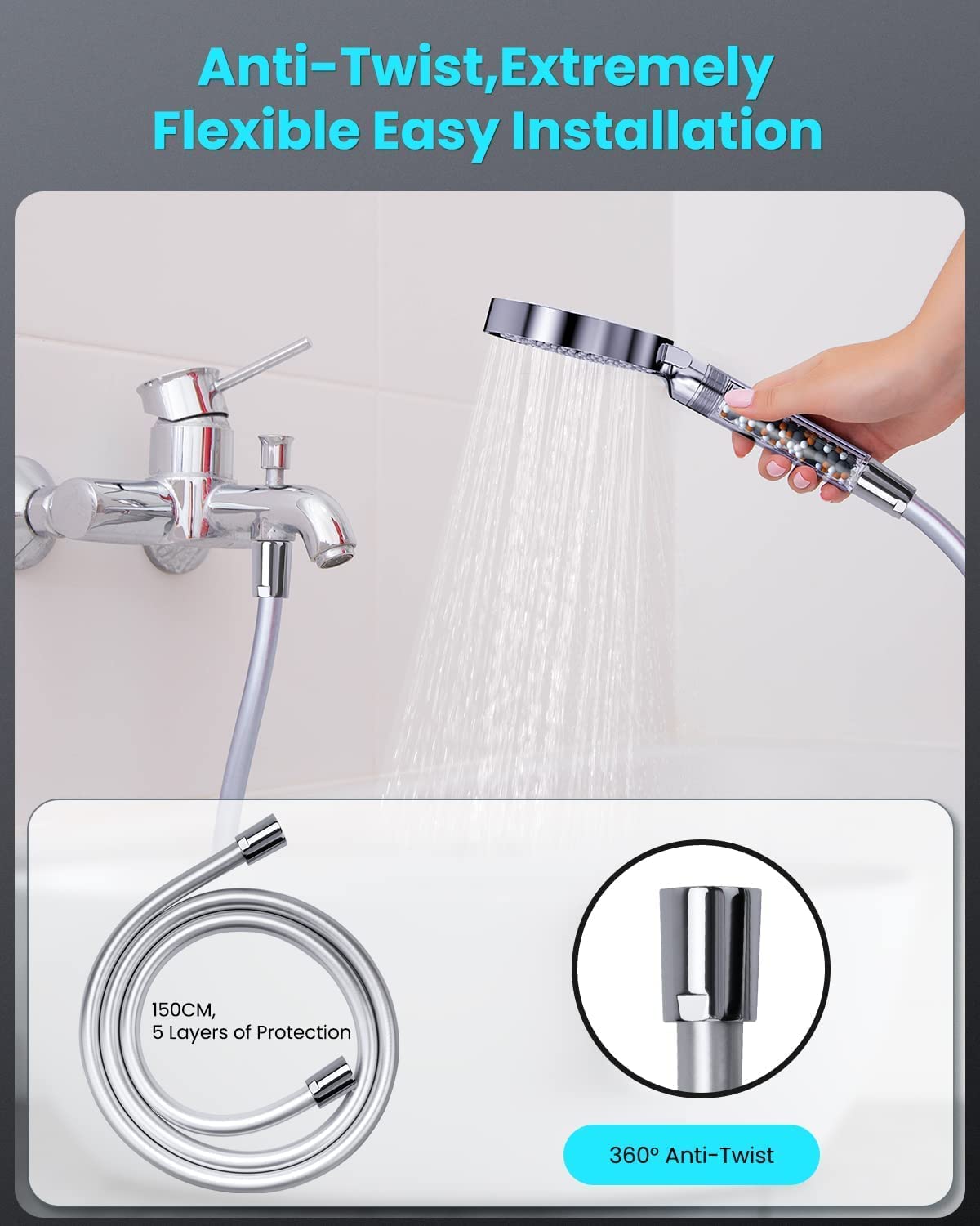 YEAUPE High Pressure Shower Head with 1.5M Hose Powerful Flow Shower head for Low Pressure Hard Water Filter Shower Hose and Head Water Saving Shower Head 6 Modes, Packaging may vary 1.5m Shower Head and Hose