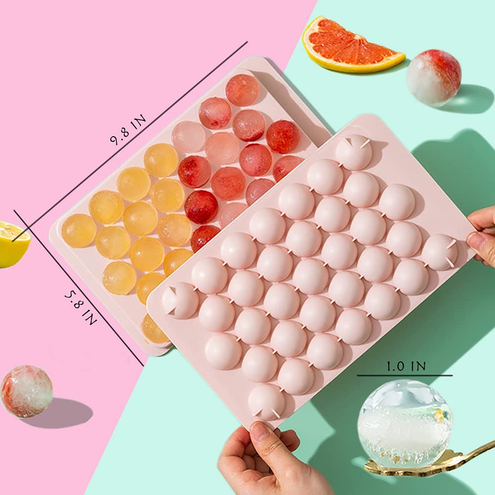 Round Ice Cube Tray with Lid Ice Ball Maker Mold for Freezer with Container Mini Circle Ice Cube Tray Making 66PCS Sphere Ice Chilling Cocktail Whiskey Tea Coffee(2 Pink Trays 1 ice Bucket & Scoop)