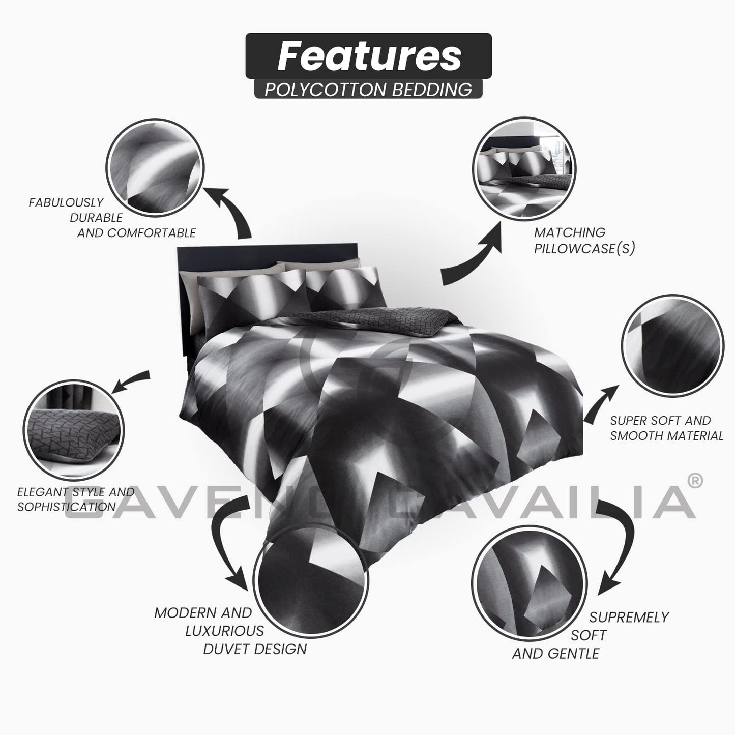 GC GAVENO CAVAILIA 3D Duvet Cover Double Bed | Reversible Bedding Sets | Polycotton Bed Covers | Black