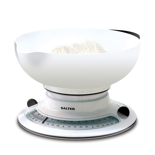 Salter 800 WHBKDR Aquaweigh Mechanical Scale - Measures Liquids & Fluids, Add & Weigh/Tare Function, Rotating Twin Dial, Pouring Spout, 2.6 L Bowl & Easy Storage, Max 4 kg, Baking/Cooking, White AquaWeigh Mechanical Kitchen Scale