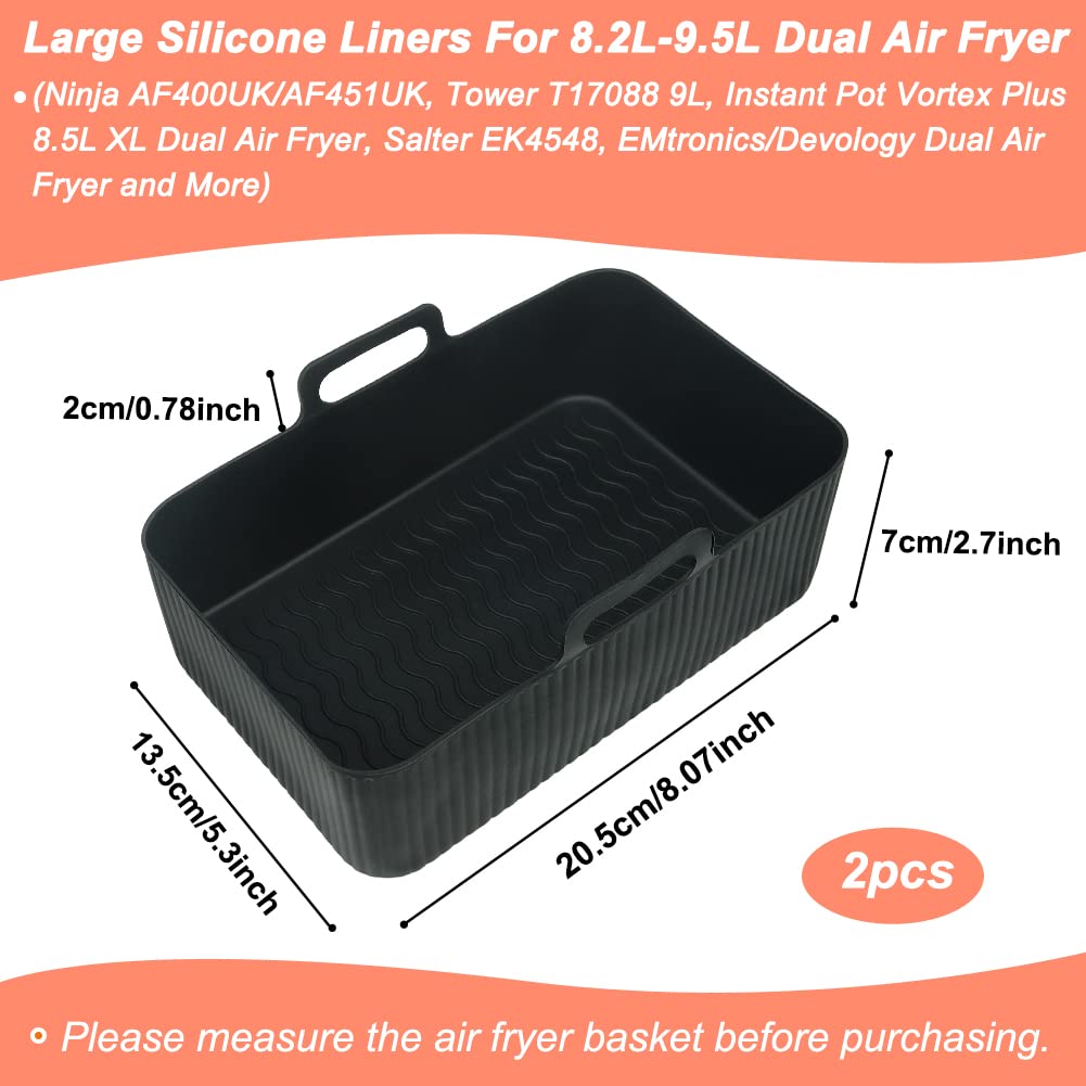 BYKITCHEN Silicone Air Fryer Liners for Ninja Dual 9.5L/Tower 9L/Instant Vortex/Salter, Large Air Fryer Accessories for Ninja AF451UK/AF400UK/EMtronics/Devology & Other 2 Drawer Air Fryer Enlarged Black