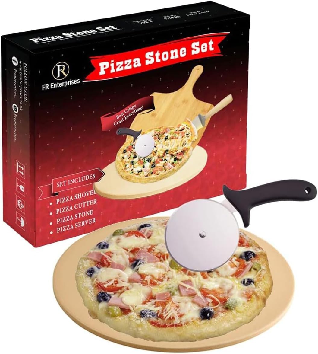 FR Enterprises Pizza Stone for Oven - Round Stone with Pizza Peel, Paddle, and Cutter - Round Stone for BBQ, Grill, Baking Bread, Pizza, and Cookies - Portable for Indoor and Outdoor