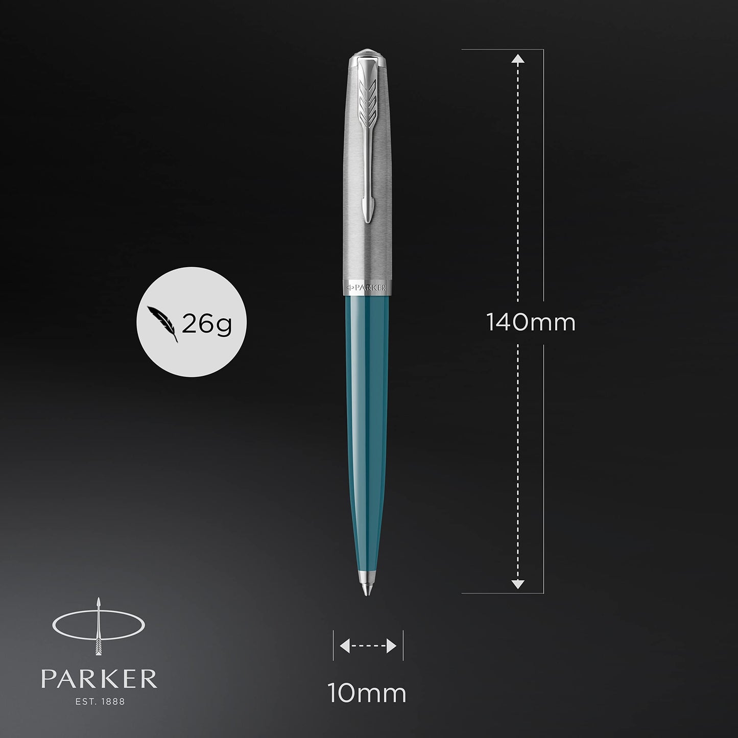 Parker 51 Ballpoint Pen | Teal Blue Barrel with Chrome Trim | Medium Point with Black Ink Refill | Gift Box Parker 51