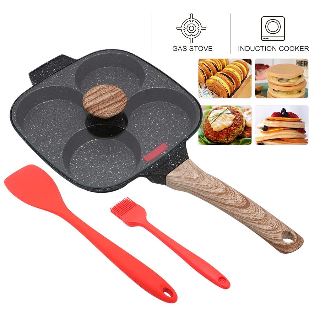 Bobikuke Pancake Pan Non Stick, 4 Hole Egg Frying Pan with Lid Burger Pan Multi Aluminum Fried Egg Pan for Breakfast - Black 4 Trous + Couvercle