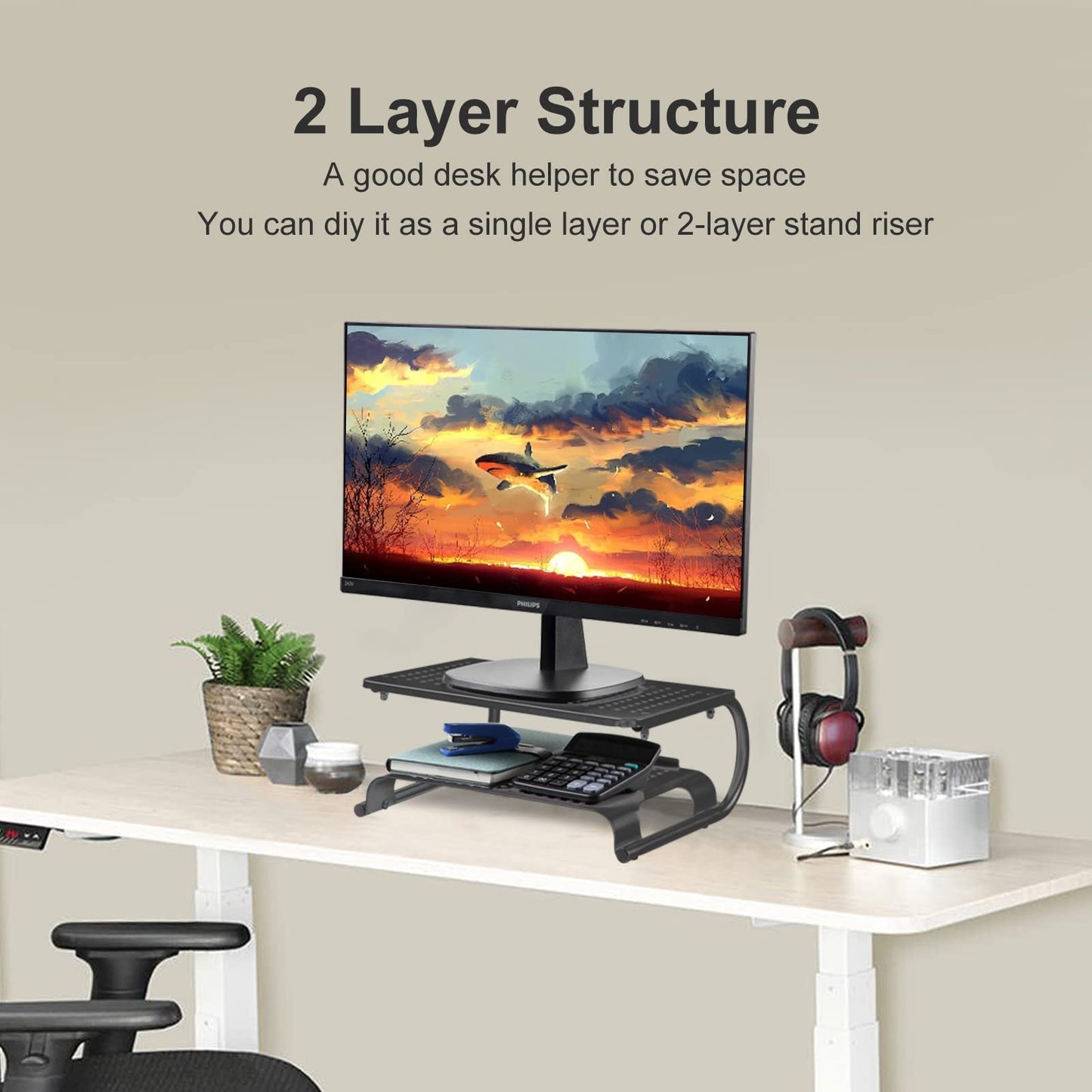 Suptek Monitor Stand Riser for Computer, Laptop, Printer, Notebook and All Flat Screen Display with Vented Metal Platform and 160mm Height Underneath Storage (160mm(H)) 160mm(H)