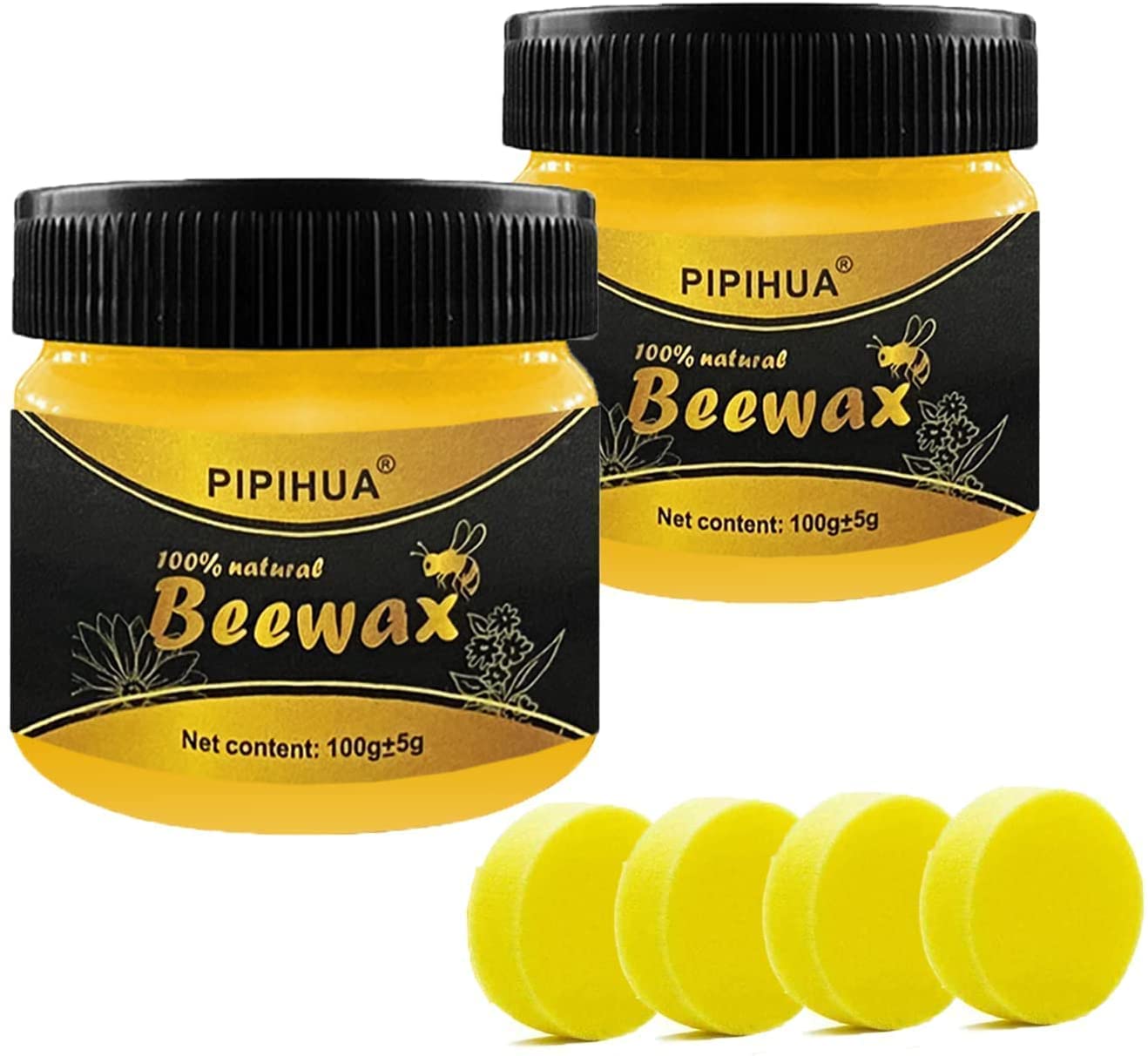 PIPIHUA Wood Seasoning Beeswax,Multipurpose Waterproof & Repair Wood Wax,Furniture Care Anti-Slip Wax,Traditional Beeswax Polish for Wood & Conditioner,2×100g with 4 Sponges 6 Piece Set