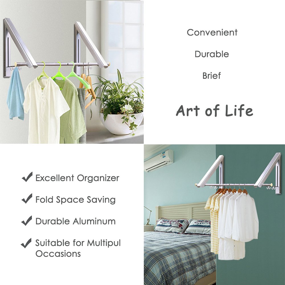 LIVEHITOP Foldable Wall Mounted Clothes Rail 2 Pieces, Coat Hanger Racks Dryer Aluminum Hanging Rod Wardrobe Hooks for Bedroom Bathroom Balcony Indoor Outdoor Silver Racks +Rod