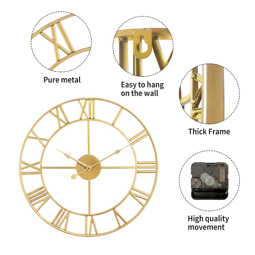 HAITANG Roman Retro Large Wall Clock Round Metal Silent Non Ticking Battery Operated 40CM /16 Inches Gold Roman Numerals Clocks for Living Room,Bedroom,Kitchen Decor-40cm