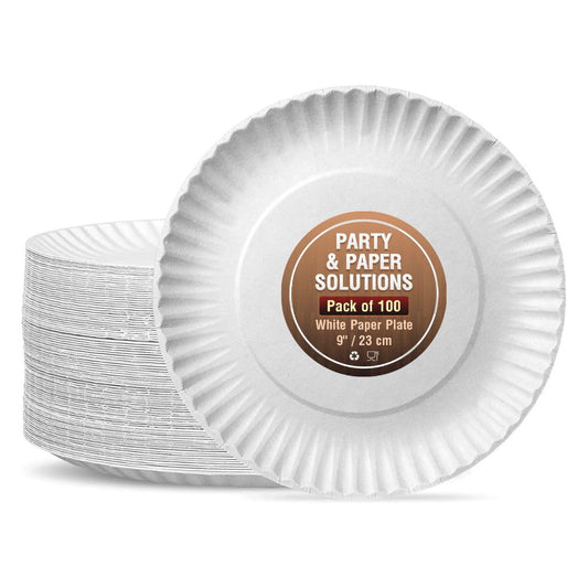 100 WHITE PAPER PLATES - 9 inch/23cm quality durable plates ideal for hot and cold food