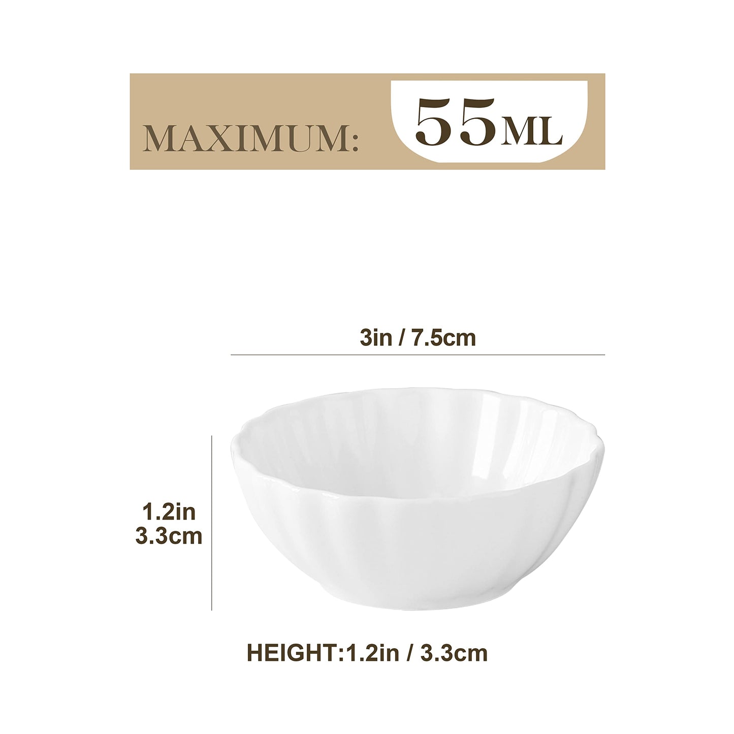 MALACASA Ramekins Set of 12, 55ML Porcelain White Dipping Bowls Mini Creme Brulee Ramekins Soufflé Dishes Baking Dish for Serving Dip, Custard, Ice Cream, Oven Safe Set of 12 - 55ML, 7.7 x 7.7 x3.3cm White-n