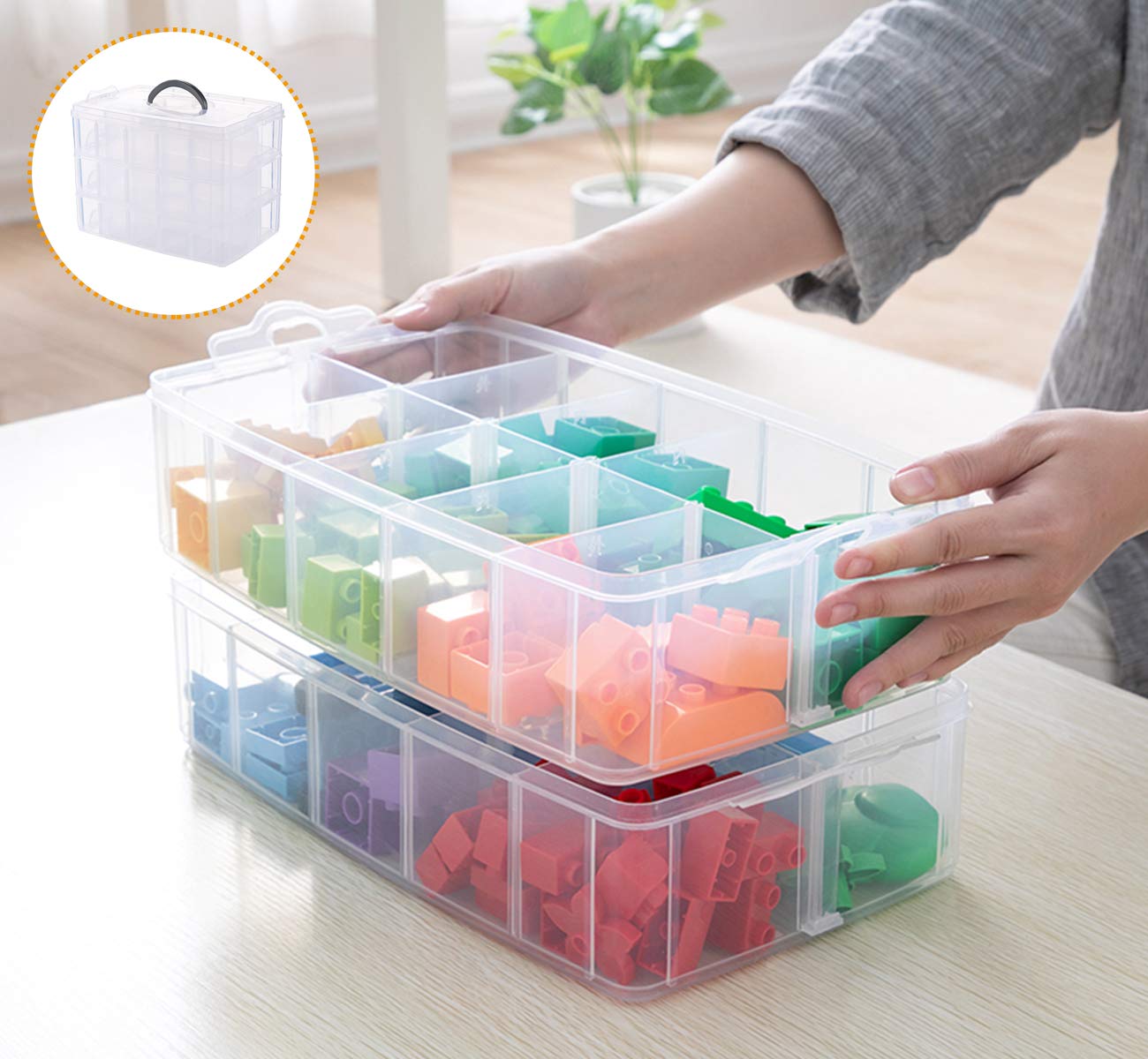 Anstore Craft Storage Box with Compartments, 3-Tier 30 Sections Transparent Stackable Plastic Box Organiser with Handle, Practical Sorting Box for Crafts, Jewelry, Toy, Sewing Accessories Large