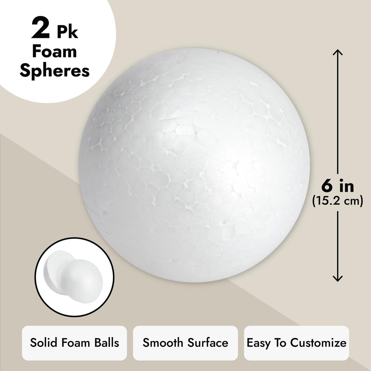 Juvale 2-Pack Foam Balls for Crafts, 15 cm White Polystyrene Balls for Art, Craft, School Projects, Decorations