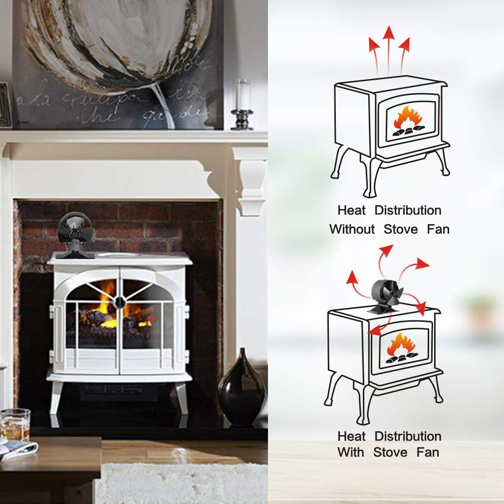 CRSURE Log Burner Fan-Small Size Upgrade 4 Blades Wood Stove Fan Heat Powered Fan for Wood Burner/Fireplace Fan Silent Operation Eco Friendly&Increased Efficient with Stove Thermometer