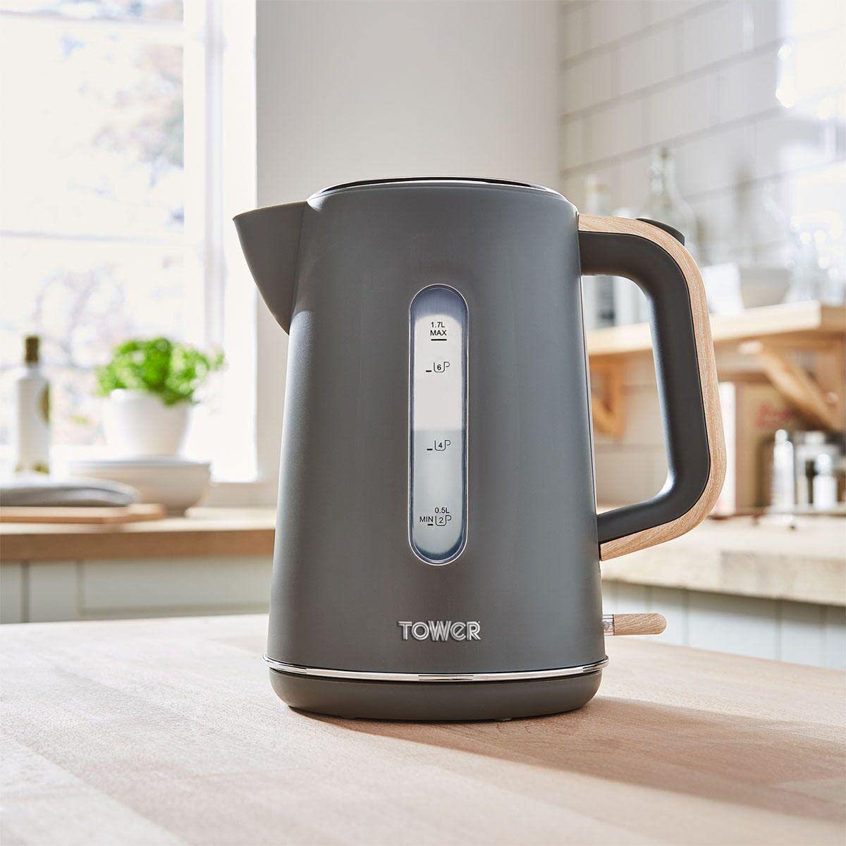 Tower Scandi T10037G Hard Plastic Kettle with Rapid Boil and Boil Dry Protection, 1.7L, 3kW, Grey with Wood Accents