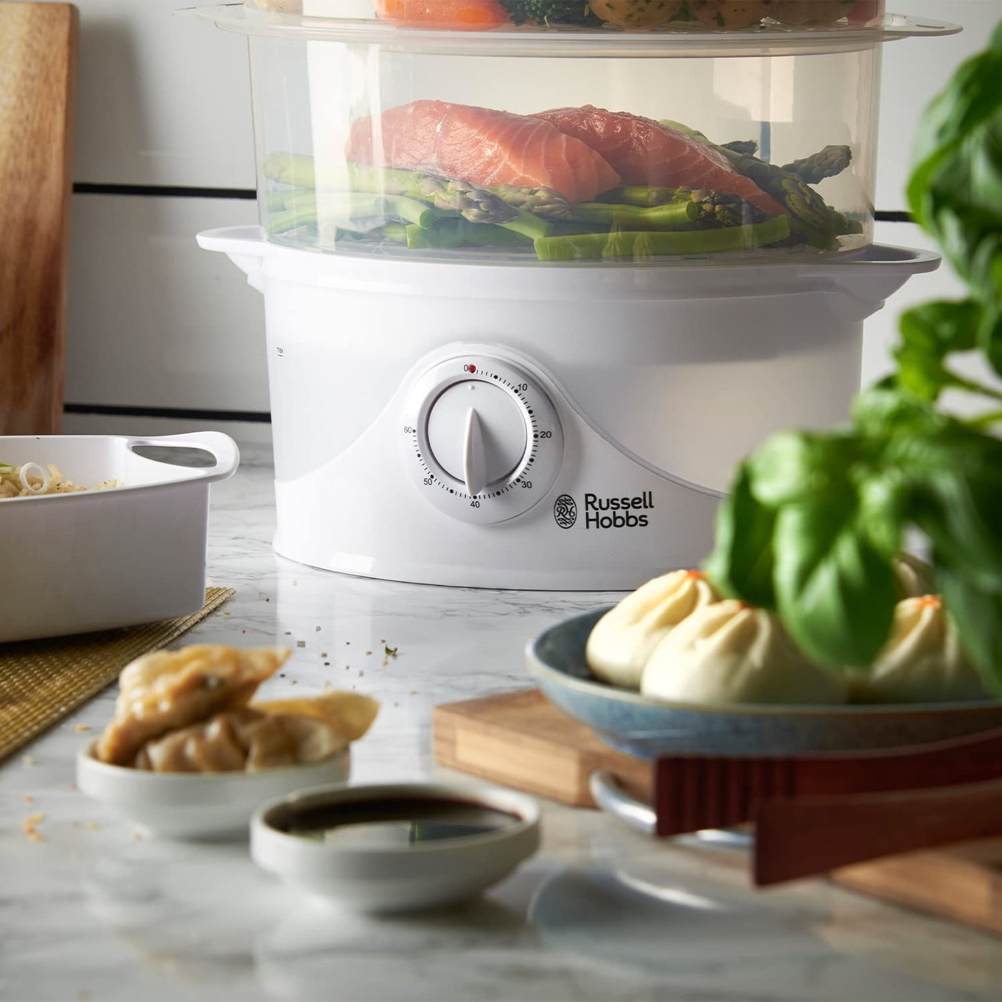 Russell Hobbs 3 Tier Electric Food Steamer, 9L, Dishwasher safe BPA free baskets, Stackable baskets, 1L Rice bowl inc, 60 min timer, Steams in 40 seconds, Healthy eating, Energy saving, 800W, 21140 Single