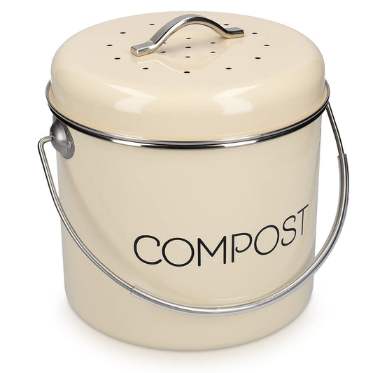 Navaris Metal Compost Caddy Bin - 3 Litre Kitchen Composting Bucket with Charcoal Filters and Lid for Indoor Organic Food Waste Recycling - Cream 3L