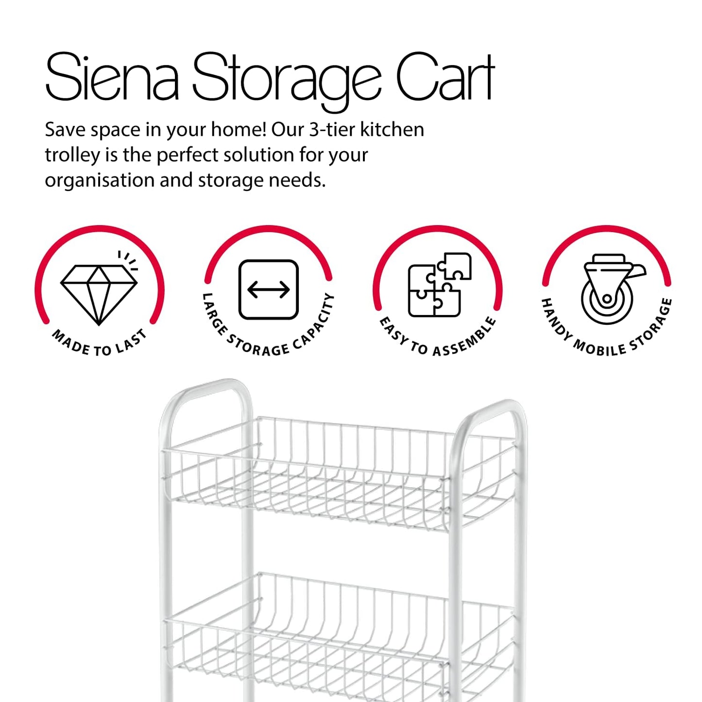 Metaltex Siena 3-Tier Trolley with Wheels - Multipurpose Storage Cart for Home including Kitchen, Bathroom, Office and Garage – White Metal, 400 grams 23 x 41 x 63 cm