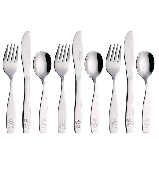 Exzact Childrens Cutlery 9pcs Set Stainless Steel Kid Cutlery/Todler Silverware 3 x Forks, 3 x Safe Dinnerknives, 3 x Dinner Spoons - Dog Cat Bunny Design