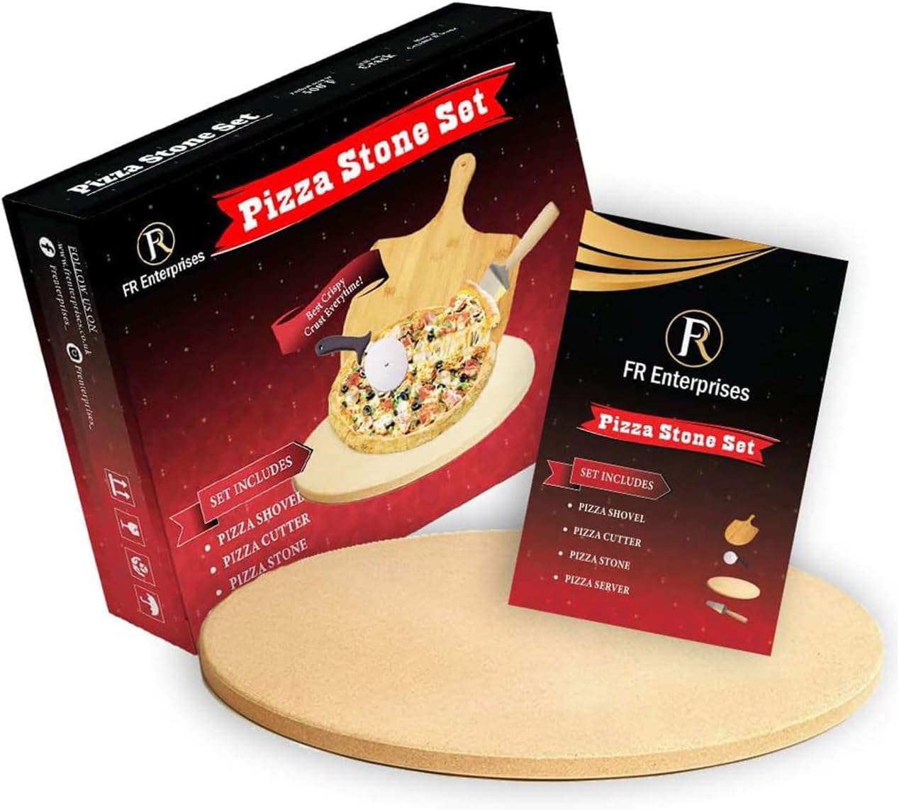 FR Enterprises Pizza Stone for Oven - Round Stone with Pizza Peel, Paddle, and Cutter - Round Stone for BBQ, Grill, Baking Bread, Pizza, and Cookies - Portable for Indoor and Outdoor