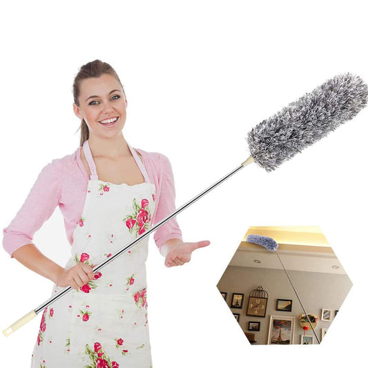 Extendable Feather Duster,Microfiber Duster with 100'' Telescopic Stainless Steel Extension Pole and Soft Silicone Cap,Easy to Absorb Dust Anti Static,Perfect for Cleaning Cobweb,Ceiling Fan,Car etc Grey