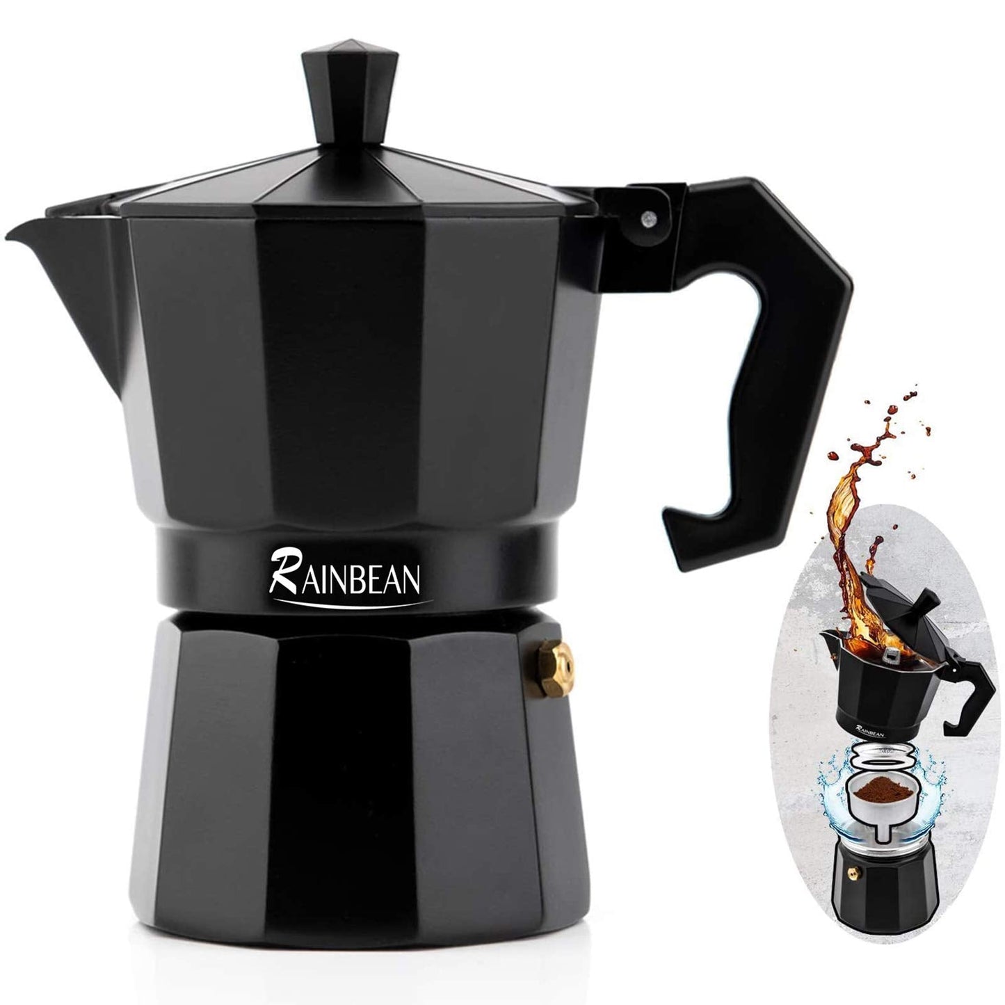 RAINBEAN Espresso Maker, Italian Stove Top Coffee Maker Moka Pot 3 Cup, Cafetiera Percolator For Coffee Latte Mocha Cappuccino Macchiato Cuban Cafe Makers, Black 3 Cup/150ml