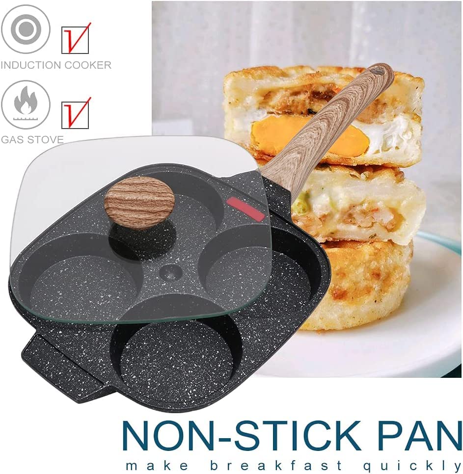 Bobikuke Pancake Pan Non Stick, 4 Hole Egg Frying Pan with Lid Burger Pan Multi Aluminum Fried Egg Pan for Breakfast - Black 4 Trous + Couvercle