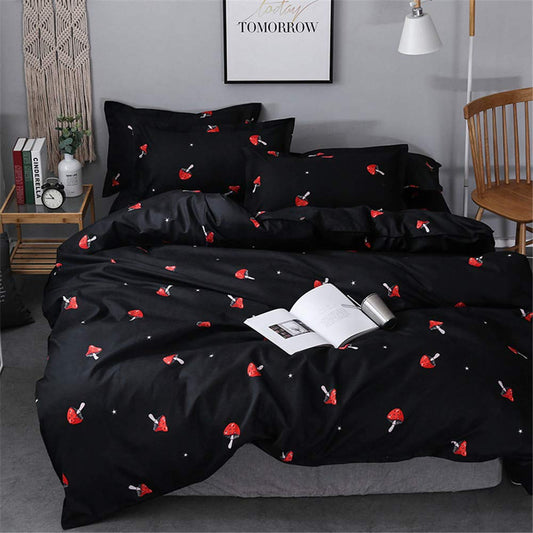 Morbuy Mushroom Bedding Set, 3 PCS Black Duvet Cover Set King Size Kids Easy Care Quilt Cover with 2 Pillowcase Soft Microfibre Cute Kawaii Girls duvet Set, Black Mushroom (220 x 230 cm) King-220x230CM