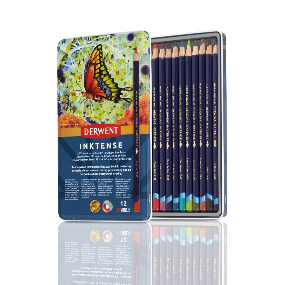 Derwent Inktense Permanent Watercolour Pencils, Set of 12 in a Tin, 4mm Premium Core, Water-Soluble, Ideal for Colouring, Painting and Crafting, Professional Quality (0700928) 12 Count (Pack of 1) Reusable Tin