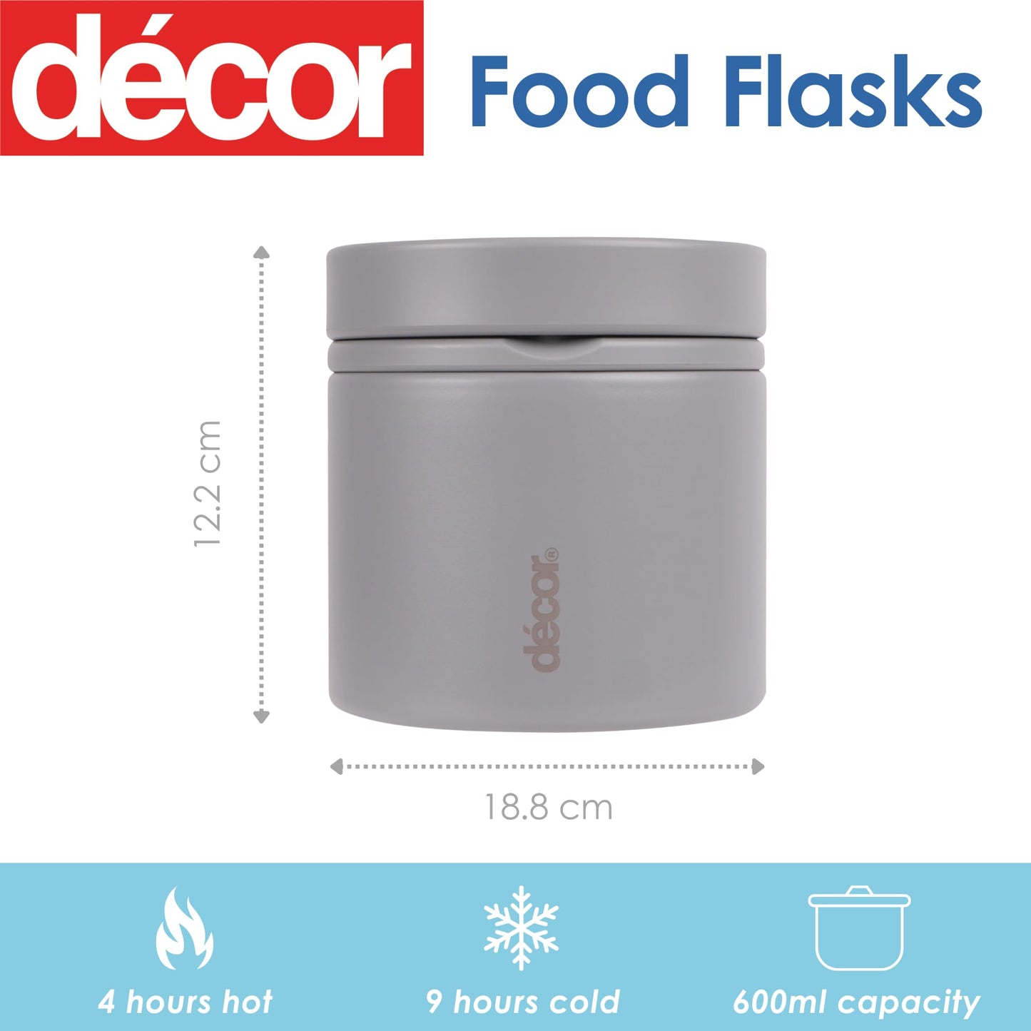 Décor Vacuum Insulated Food Flask | 2-in-1 Hot and Cold Stainless Steel Food Container | 600ml - Grey With Handle