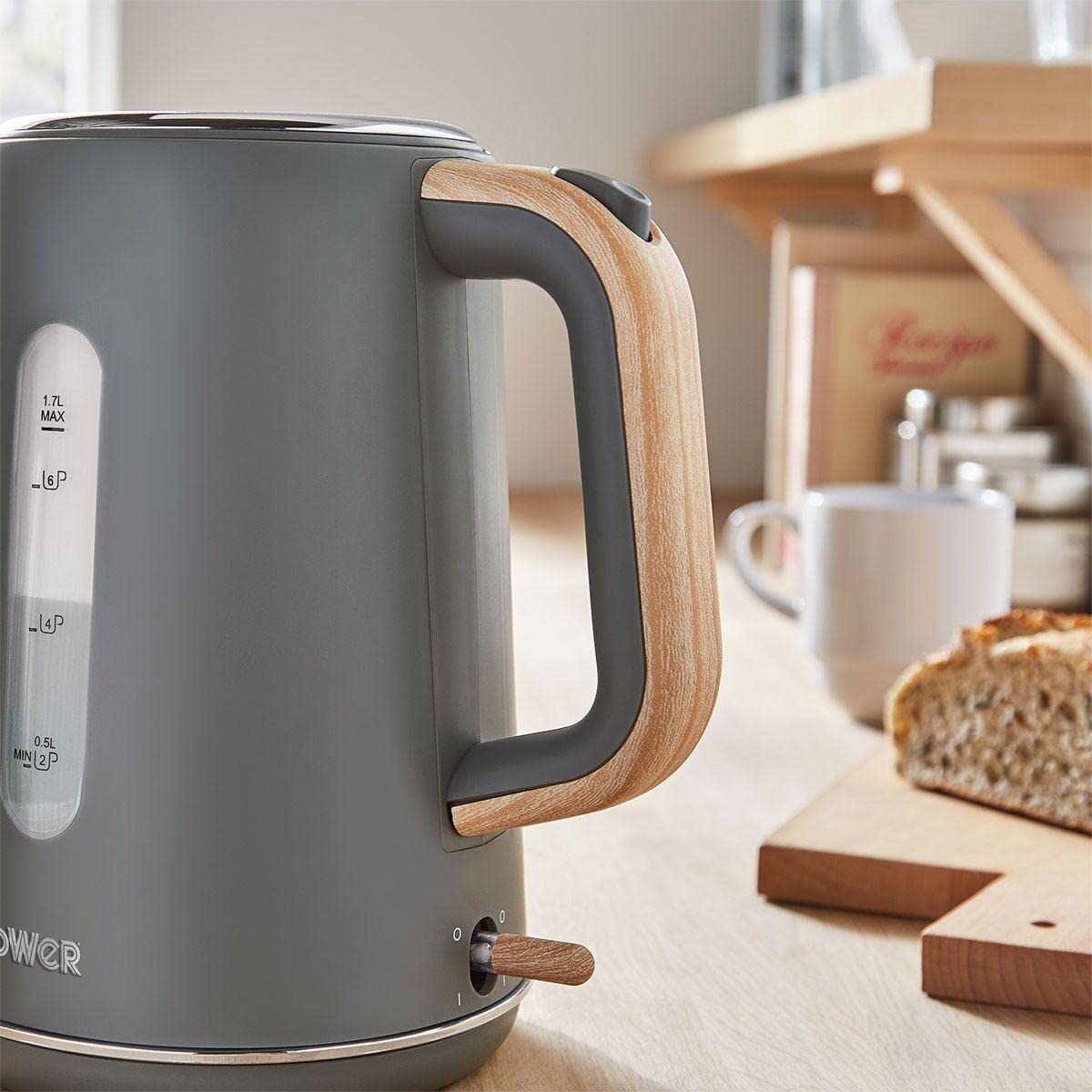 Tower Scandi T10037G Hard Plastic Kettle with Rapid Boil and Boil Dry Protection, 1.7L, 3kW, Grey with Wood Accents