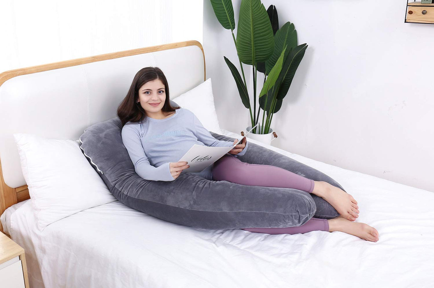 AS AWESLING Pregnancy Pillow, U Shaped Full Body Pillow, Nursing, Support and Maternity Pillow for Pregnant Women with Removable Velvet Cover (Grey) Velvet Grey