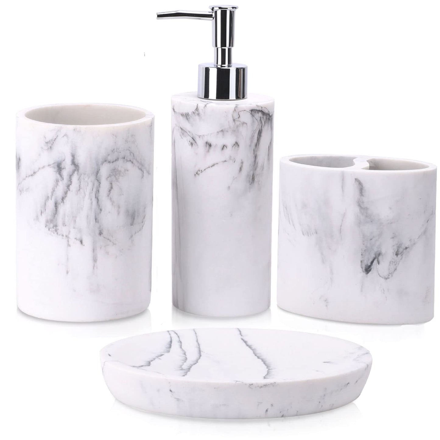 ZCCZ Bathroom Accessory Set 4 Pcs, Bathroom Décor Accessories with Soap Dispenser, Toothbrush Holder, Bathroom Tumbler, Soap Dish, Marble Look Bathroom Vanity Countertop Accessory Set White