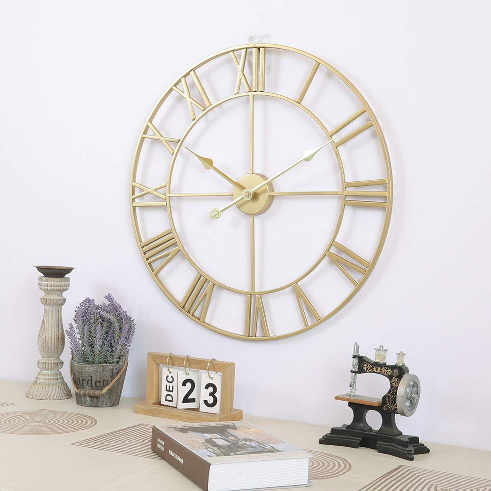 HAITANG Roman Retro Large Wall Clock Round Metal Silent Non Ticking Battery Operated 40CM /16 Inches Gold Roman Numerals Clocks for Living Room,Bedroom,Kitchen Decor-40cm